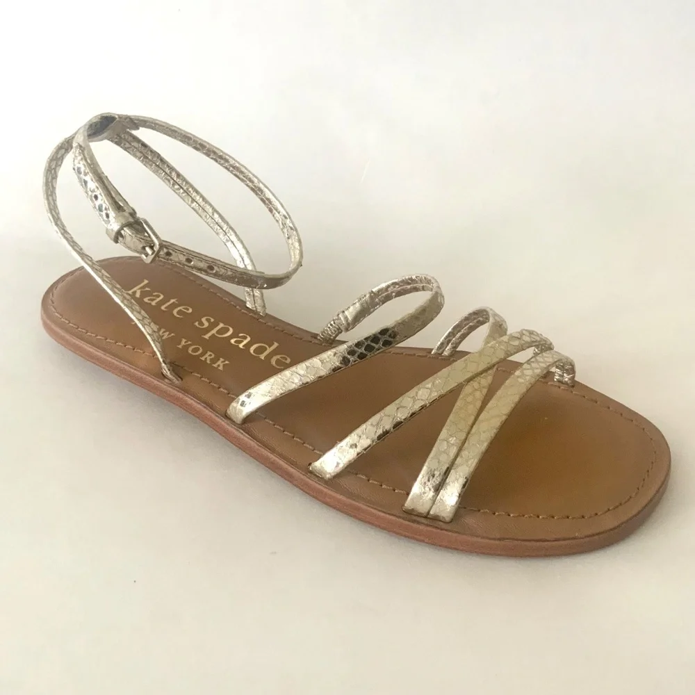 Kate Spade Womens Cove Metallic Gold Snake Leather Flat Ankle strap Sandals 6.5 - Picture 14 of 14